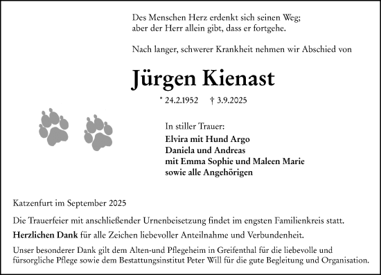 Traueranzeige von Jürgen Kienast von Wetzlarer Neue Zeitung