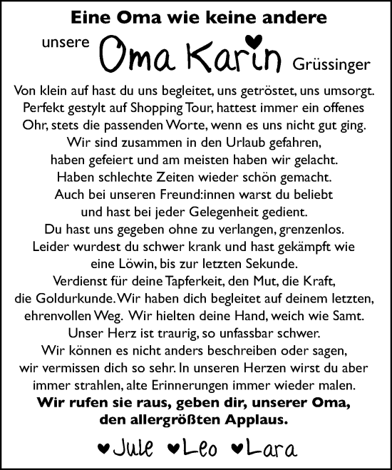 Traueranzeige von Karin Grüssinger von Weilburger Tageblatt