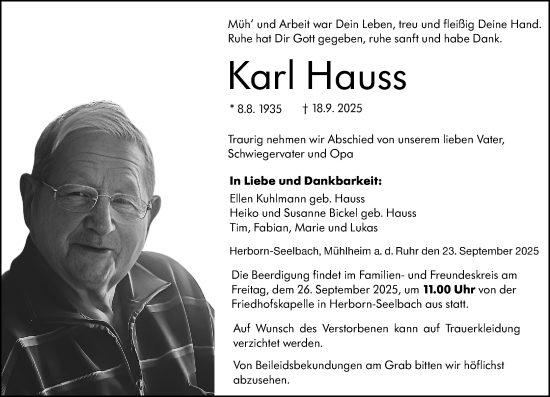 Traueranzeige von Karl Hauss von Dill Block