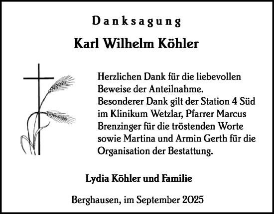 Traueranzeige von Karl Wilhelm Köhler von Wetzlarer Neue Zeitung