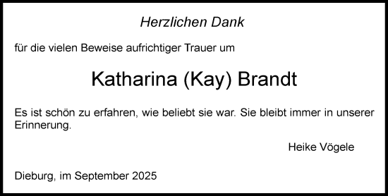 Traueranzeige von Katharina Brandt von Dieburger Anzeiger/Groß-Zimmerner Lokal-Anzeiger