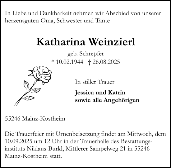 Traueranzeige von Katharina Weinzierl von Allgemeine Zeitung Mainz