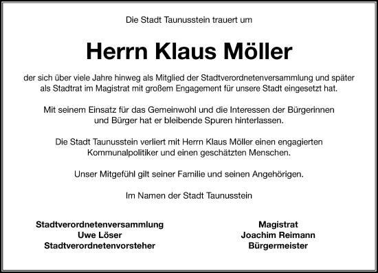 Traueranzeige von Klaus Möller von Idsteiner Land/Untertaunus