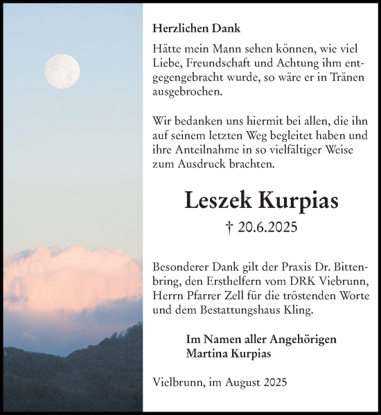 Traueranzeige von Leszek Kurpias von Odenwälder Echo