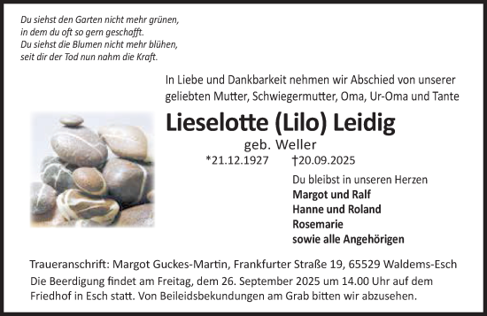 Traueranzeige von Lieselotte Leidig von Camberger Anzeiger