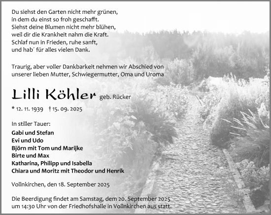 Traueranzeige von Lilli Köhler von Wetzlarer Neue Zeitung