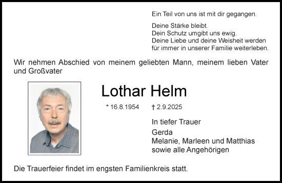 Traueranzeige von Lothar Helm von Dieburger Anzeiger/Groß-Zimmerner Lokal-Anzeiger