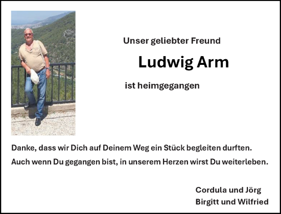 Traueranzeige von Ludwig Arm von Allgemeine Zeitung Alzey