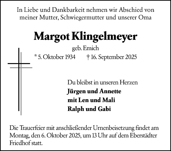 Traueranzeige von Margot Klingelmeyer von Darmstädter Echo