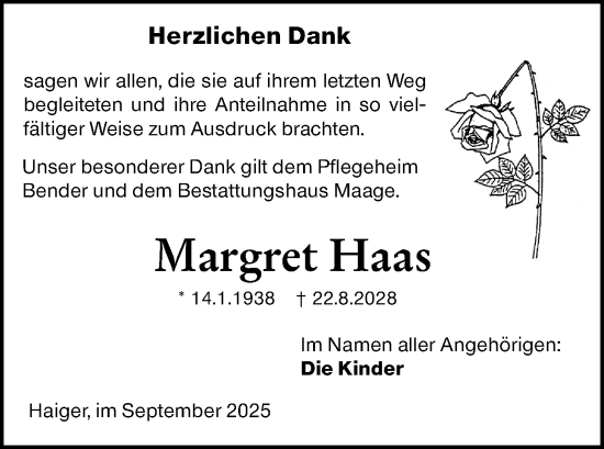 Traueranzeige von Margret Haas von Dill Block