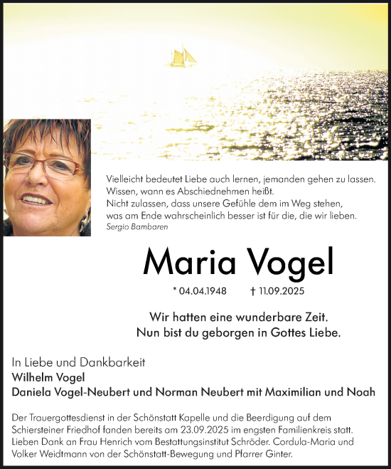 Traueranzeige von Maria Vogel von Wiesbadener Kurier