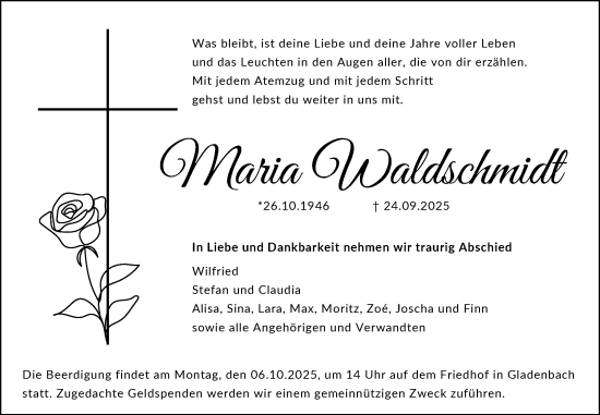 Traueranzeige von Maria Waldschmidt von Hinterländer Anzeiger