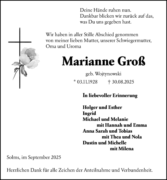 Traueranzeige von Marianne Groß von Wetzlarer Neue Zeitung