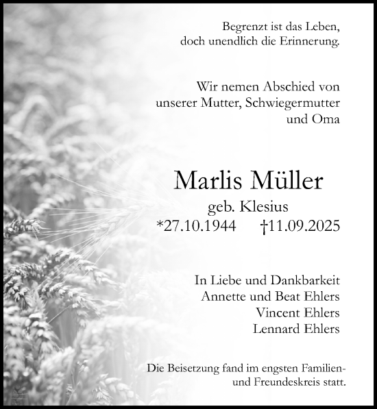 Traueranzeige von Marlis Müller von Allgemeine Zeitung Rheinhessen-Nahe