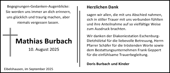 Traueranzeige von Mathias Burbach von Dill Block