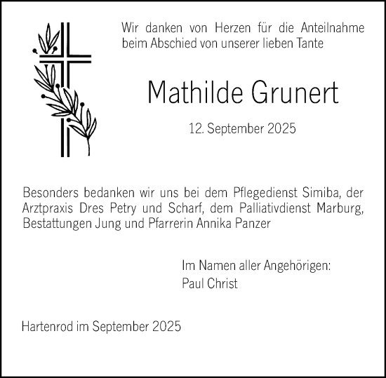 Traueranzeige von Mathilde Grunert von Hinterländer Anzeiger