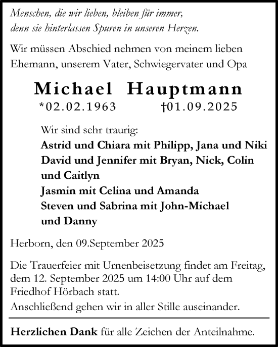 Traueranzeige von Michael Hauptmann von Hinterländer Anzeiger