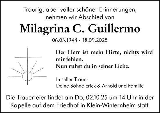 Traueranzeige von Milagrina Guillermo von Allgemeine Zeitung Mainz