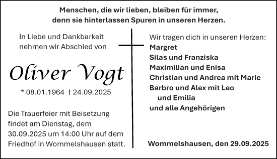 Traueranzeige von Oliver Vogt von Hinterländer Anzeiger