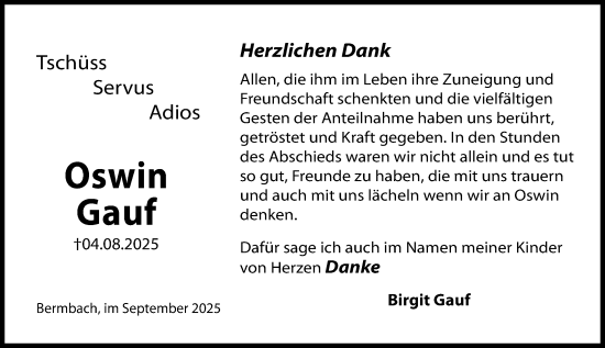 Traueranzeige von Oswin Gauf von Camberger Anzeiger