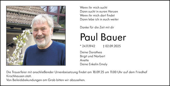 Traueranzeige von Paul Bauer von Starkenburger Echo