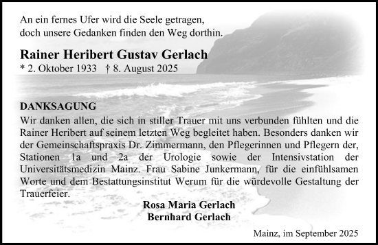Traueranzeige von Rainer Heribert Gustav Gerlach von Allgemeine Zeitung Mainz