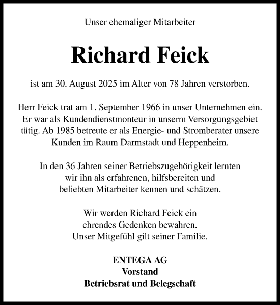 Traueranzeige von Richard Feick von Odenwälder Echo