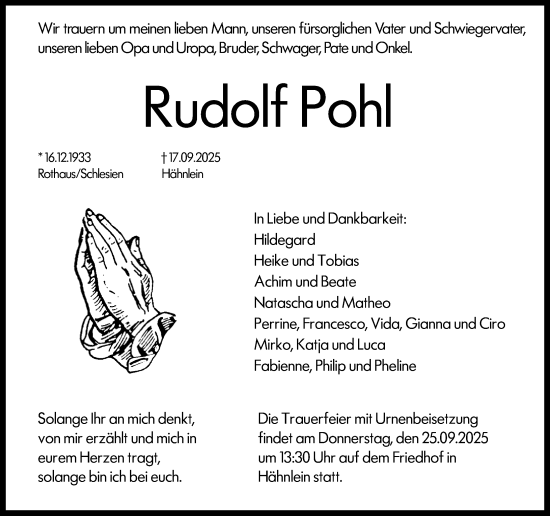 Traueranzeige von Rudolf Pohl von Darmstädter Echo