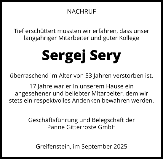 Traueranzeige von Sergej Sery von Dill Block