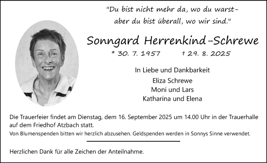 Traueranzeige von Sonngard Herrenkind-Schrewe von Wetzlarer Neue Zeitung