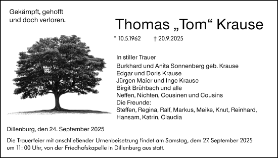 Traueranzeige von Thomas Krause von Dill Block