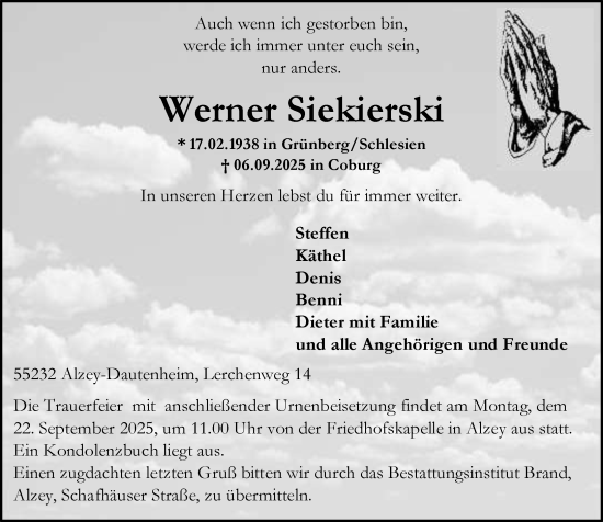 Traueranzeige von Werner Siekierski von Allgemeine Zeitung Alzey