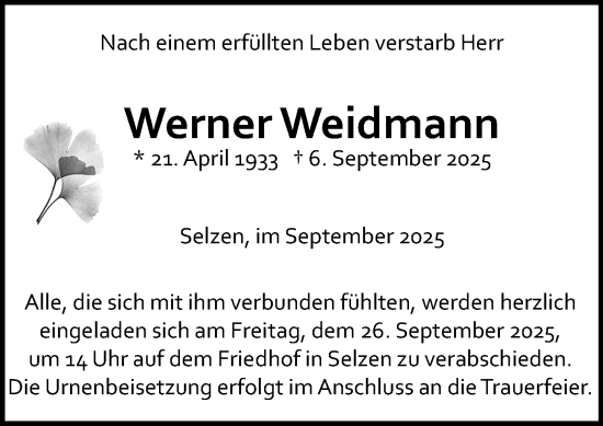 Traueranzeige von Werner Weidmann von Allgemeine Zeitung Mainz
