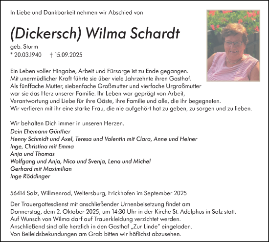Traueranzeige von Wilma Schardt von Nassauische Neue Presse