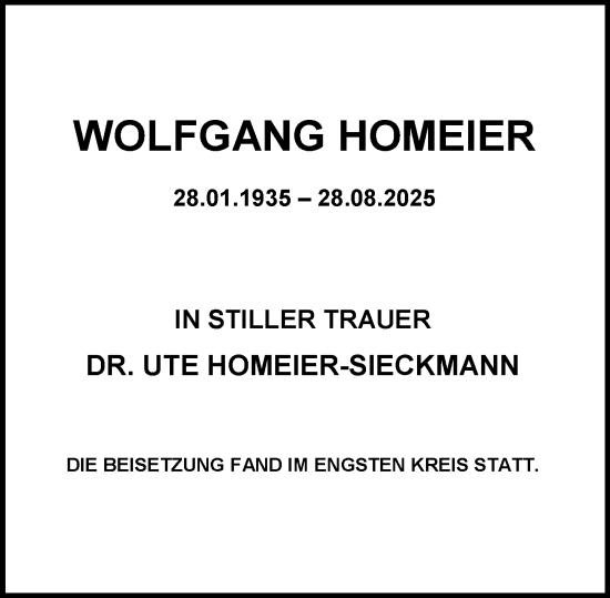 Traueranzeige von Wolfgang Homeier von Wiesbadener Kurier