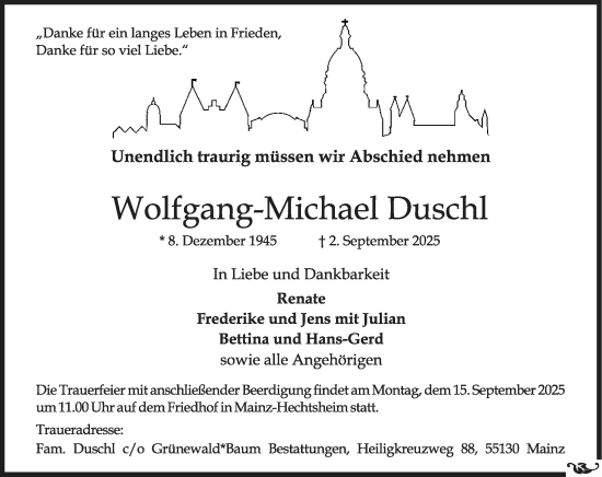 Traueranzeige von Wolfgang-Michael Duschl von Allgemeine Zeitung Mainz