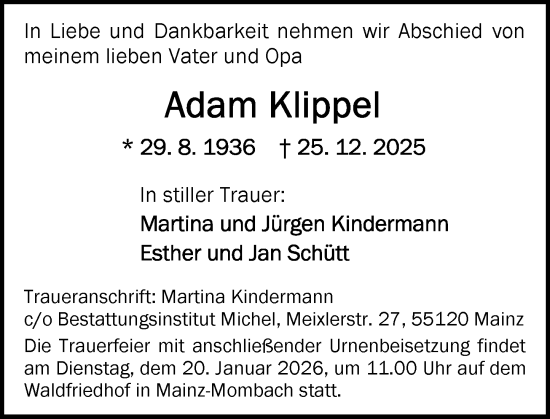 Traueranzeige von Adam Klippel von Allgemeine Zeitung Mainz
