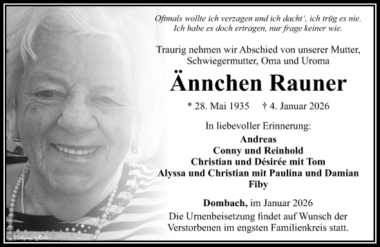 Traueranzeige von Ännchen Rauner von Camberger Anzeiger