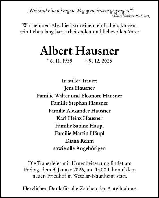 Traueranzeige von Albert Hausner von Wetzlarer Neue Zeitung