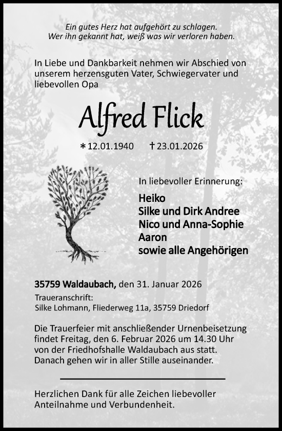 Traueranzeige von Alfred Flick von Dill Block