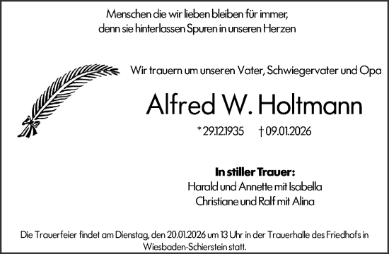 Traueranzeige von Alfred W. Holtmann von Wiesbadener Kurier
