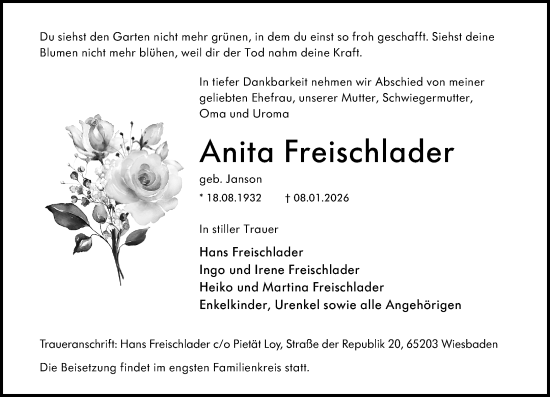 Traueranzeige von Anita Freischlader von Wiesbadener Kurier