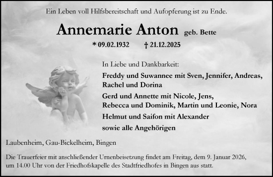 Traueranzeige von Annemarie Anton von Allgemeine Zeitung Rheinhessen-Nahe