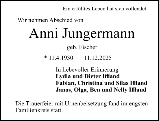 Traueranzeige von Anni Jungermann von Darmstädter Echo