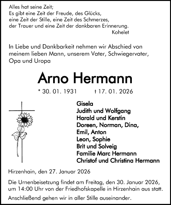 Traueranzeige von Arno Hermann von Dill Block