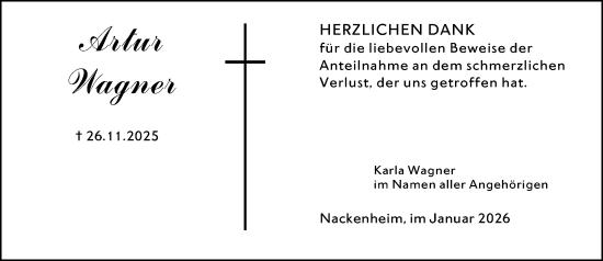 Traueranzeige von Artur Wagner von Allgemeine Zeitung Mainz