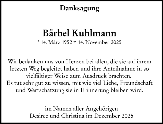 Traueranzeige von Bärbel Kuhlmann von Dill Block
