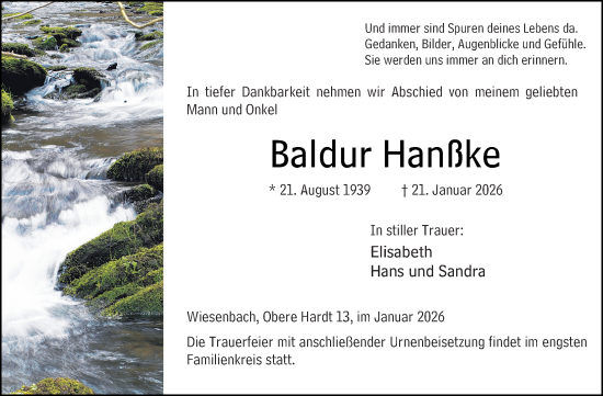 Traueranzeige von Baldur Hanßke von Hinterländer Anzeiger