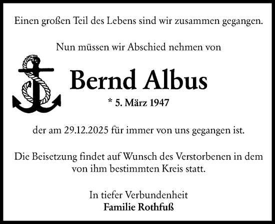 Traueranzeige von Bernd Albus von Rheingau-Taunus-Kreis Wochenblatt