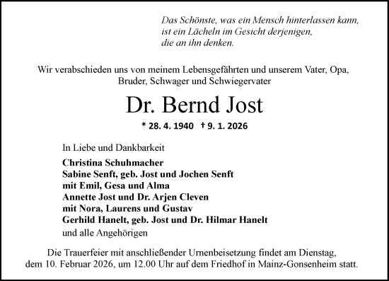 Traueranzeige von Bernd Jost von Allgemeine Zeitung Mainz